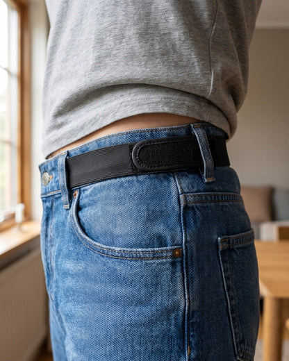 Svart stropp mellom to beltehemper på jeans