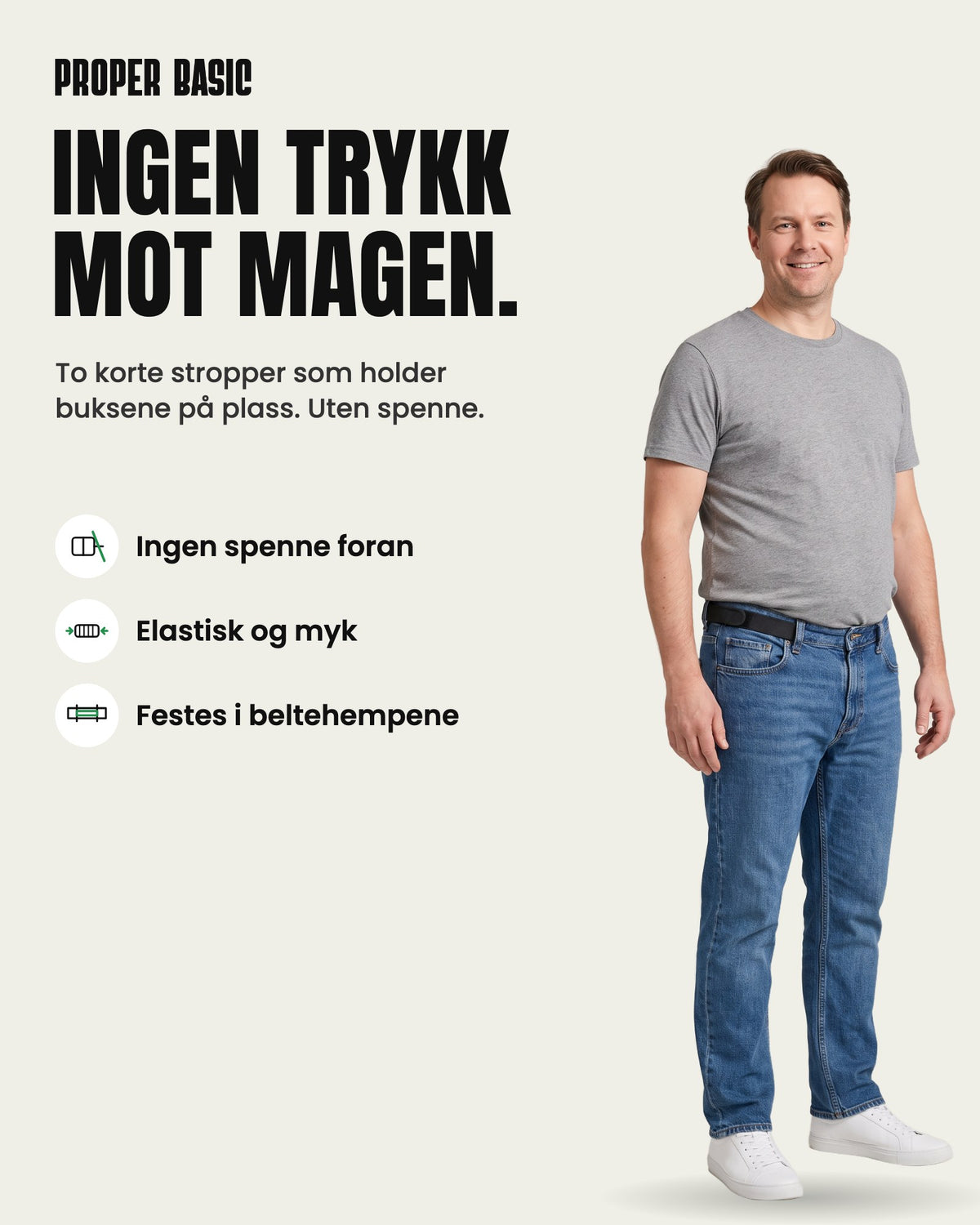 Proper Basic Beltestroppen – ingen trykk mot magen, to korte stropper uten spenne