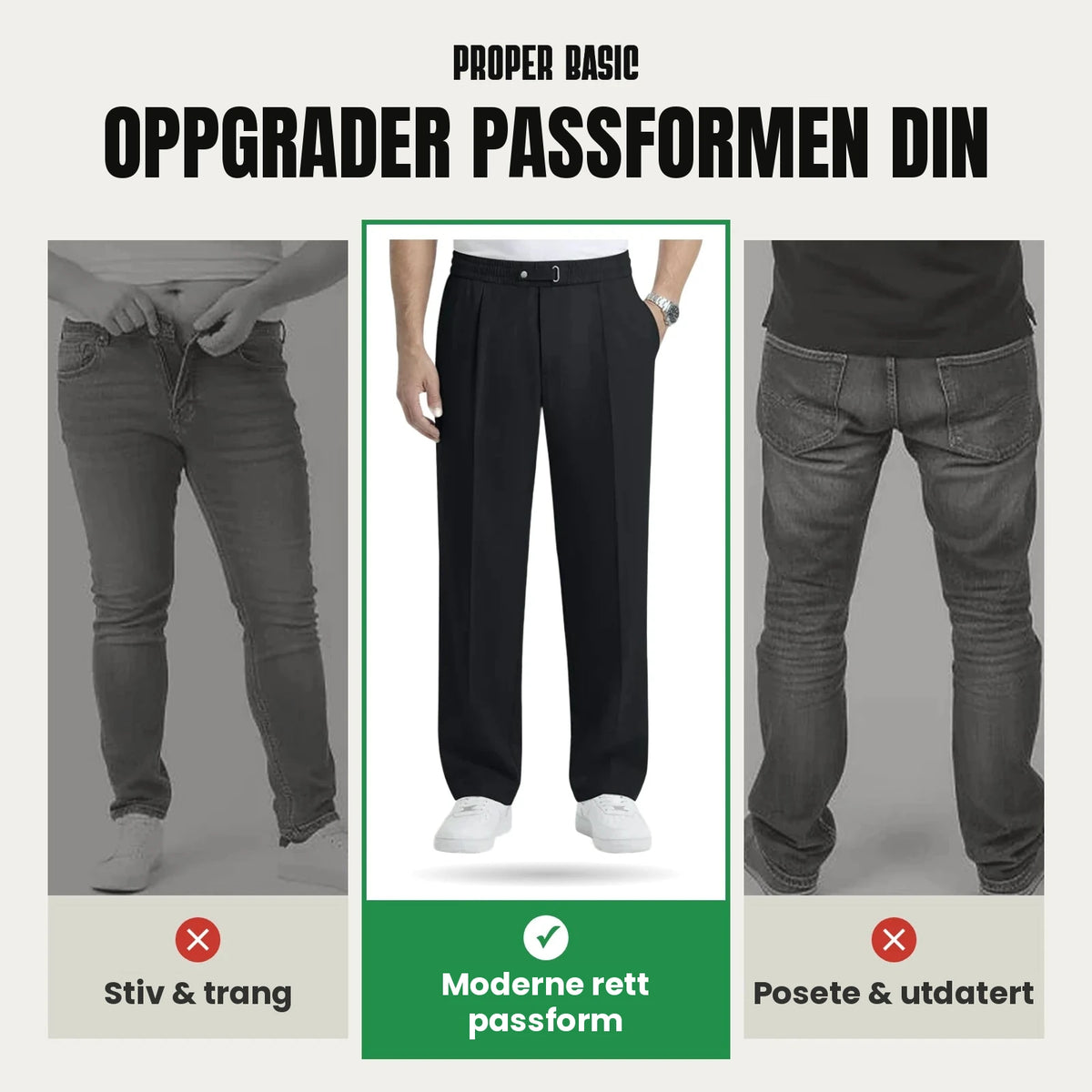 Sammenligning: stive jeans, Proper Basic rett passform og posete jeans
