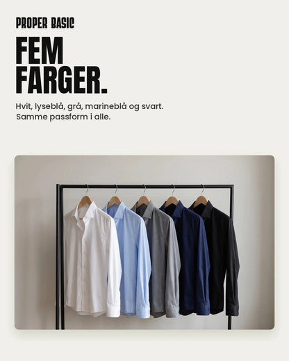 Heldagsskjorten i fem farger: hvit, lyseblå, grå, marineblå og svart