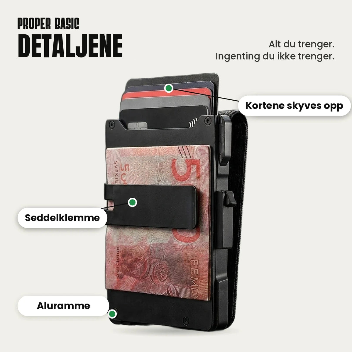Detaljer: kortene skyves opp, seddelklemme og aluminiumsramme