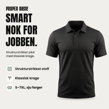 Proper Basic Pikéskjorte i svart: strukturstrikket piké med klassisk krage, S–7XL i sju farger